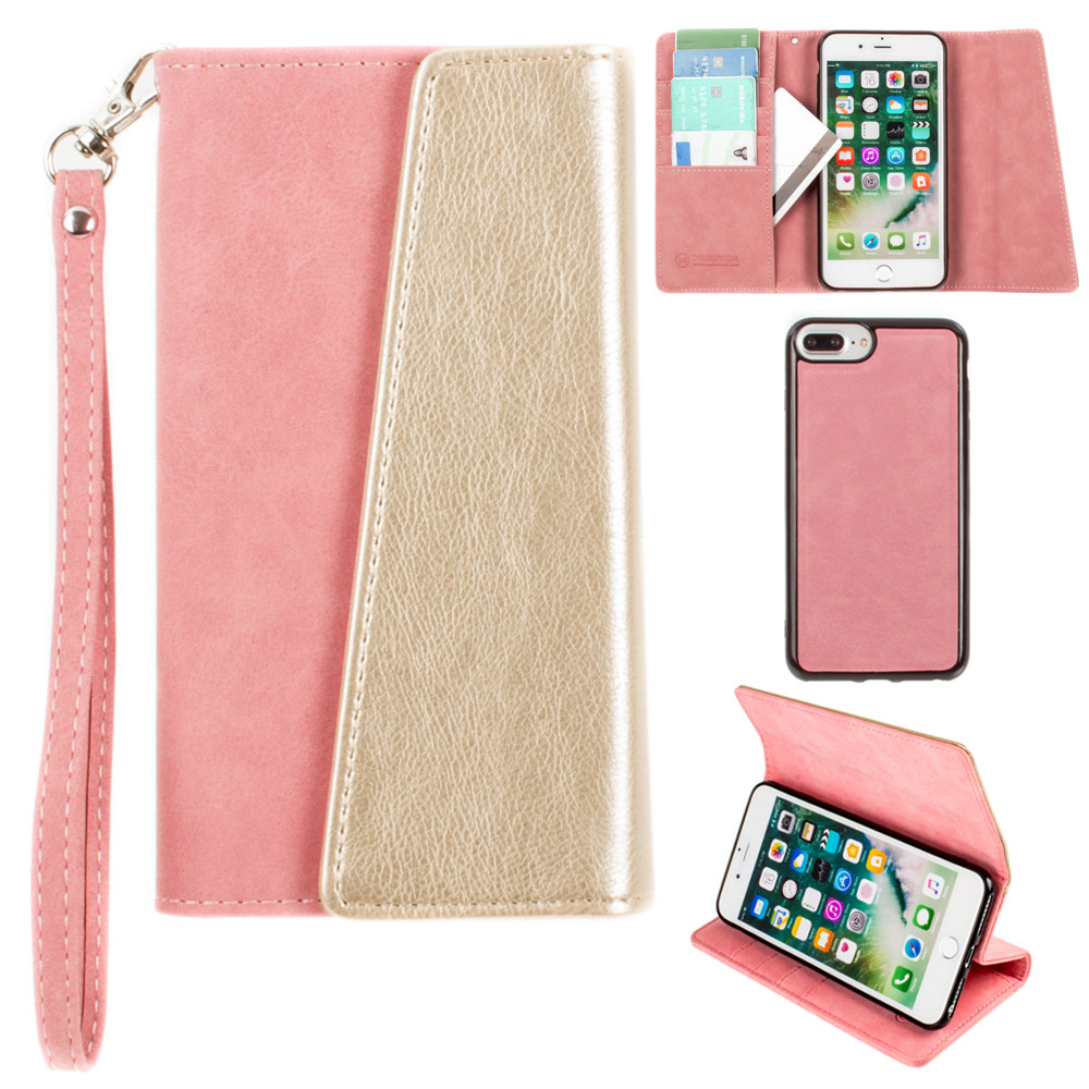 Apple iPhone 8 Plus -  UltraSuede Metallic Color Block Flap Wallet with Matching detachable Case and strap, Pink/Gold