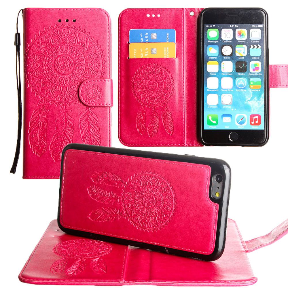 Apple iPhone 8 Plus -  Embossed Dream Catcher Design Wallet Case with Detachable Matching Case and Wristlet, Pink