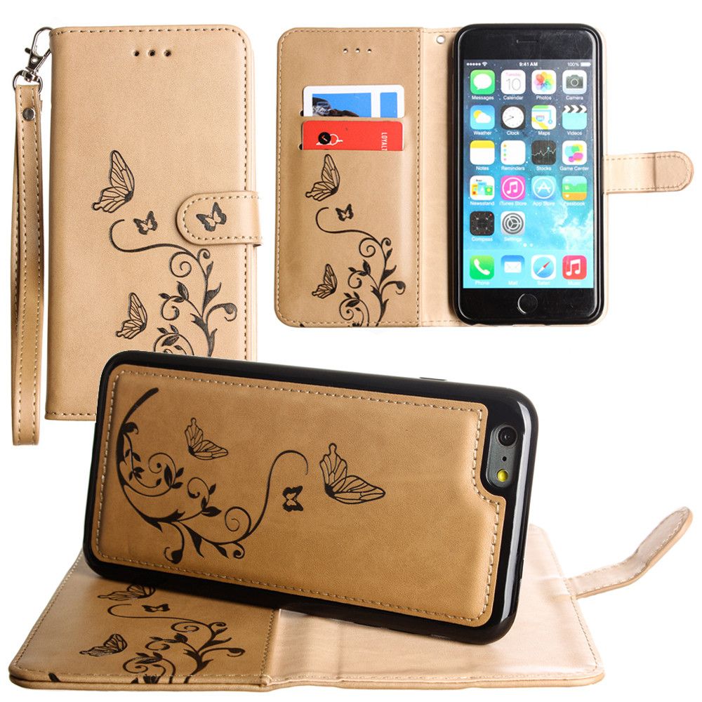 Apple iPhone 8 Plus -  Embossed Butterfly Design Wallet Case with Detachable Matching Case and Wristlet, Taupe