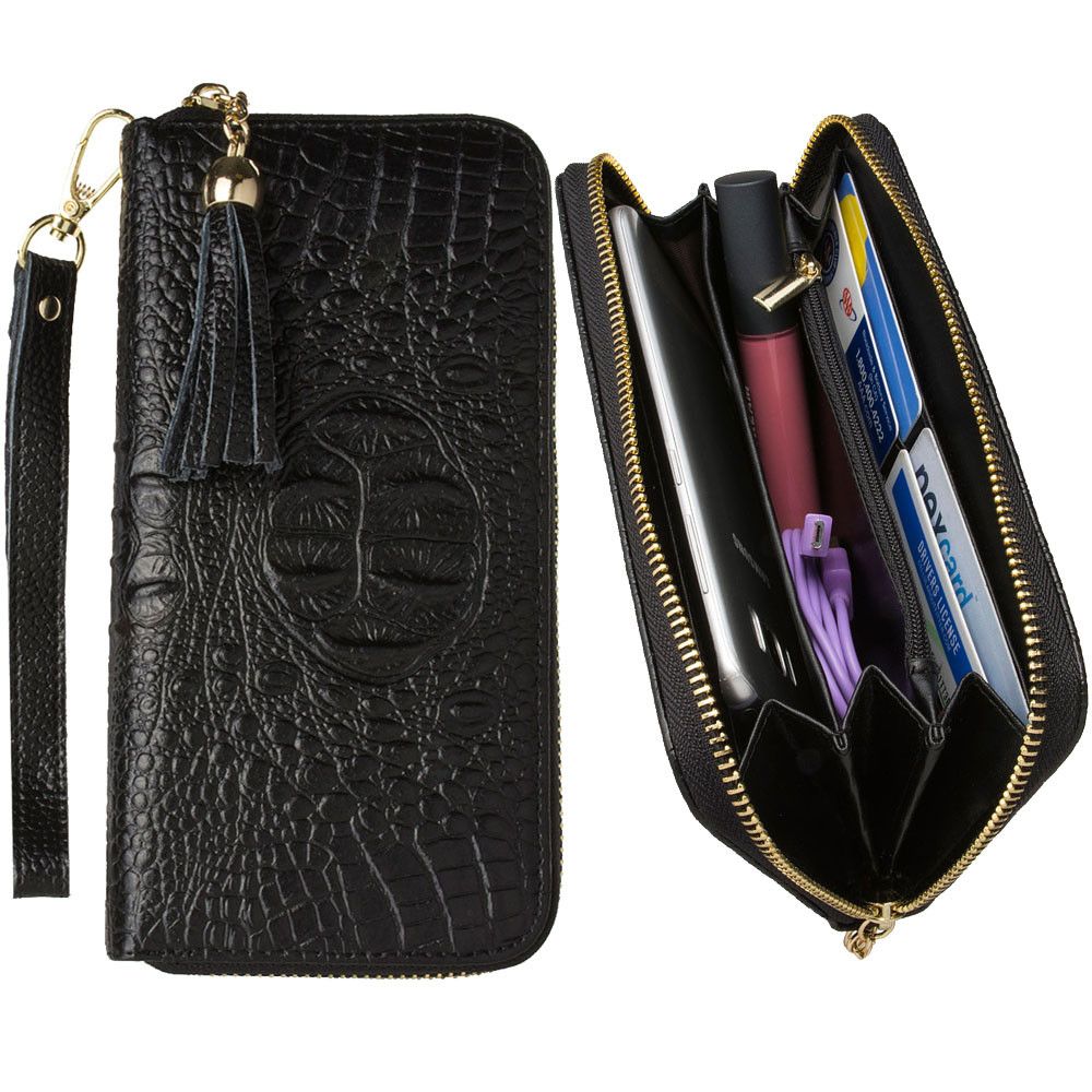 Apple iPhone 8 Plus -  Genuine Leather Hand-Crafted Alligator Clutch Wallet with Tassel, Black