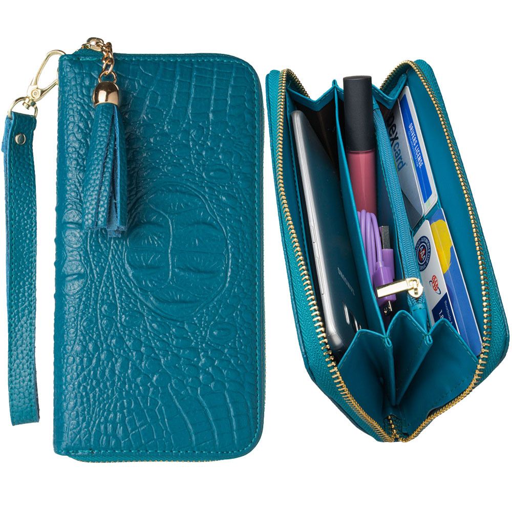 Apple iPhone 8 Plus -  Genuine Leather Hand-Crafted Alligator Clutch Wallet with Tassel, Turquoise