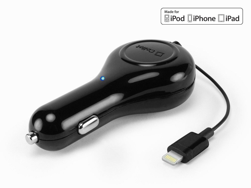 Apple iPhone 8 Plus -  Cellet Apple 2. 2100 mAh 3 ft 8-Pin Certified Retractable Car Charger, Black