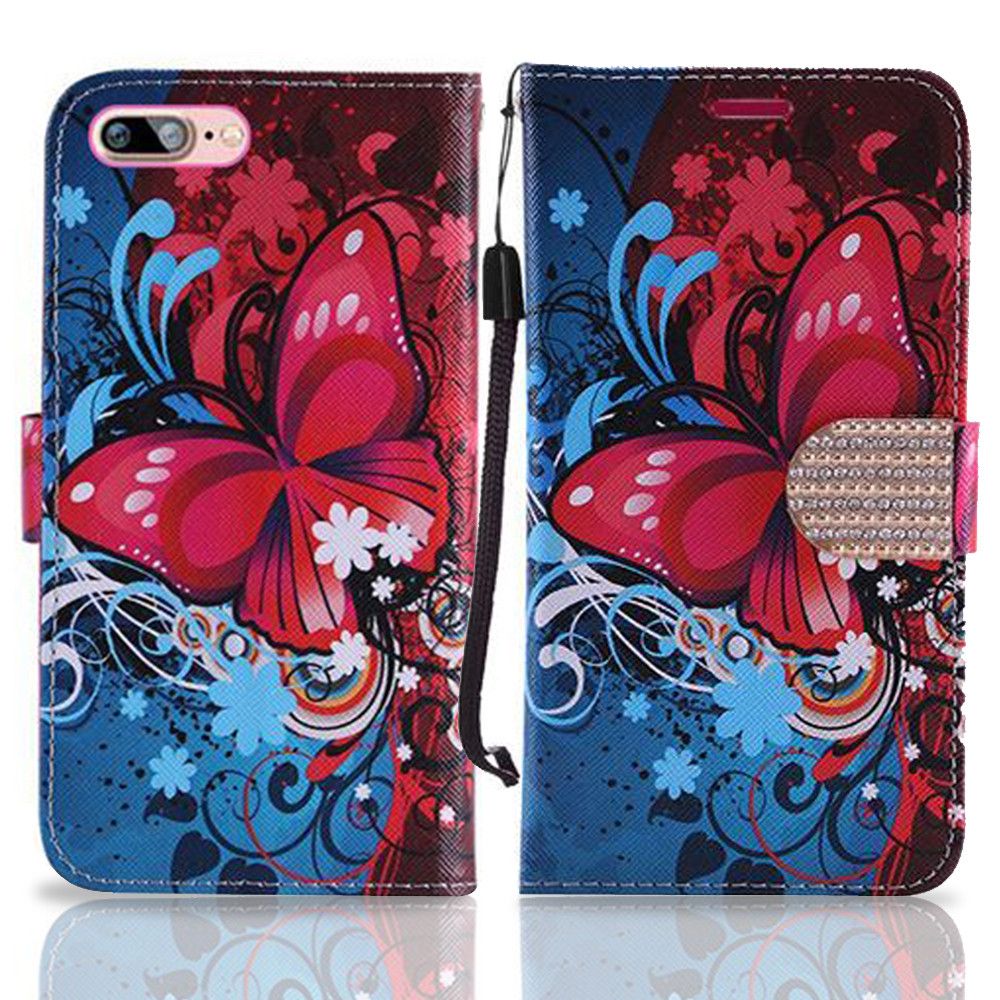 Apple iPhone 8 Plus -  Butterfly Harmony Swirl Shimmering Folding Phone Wallet, Pink/Blue