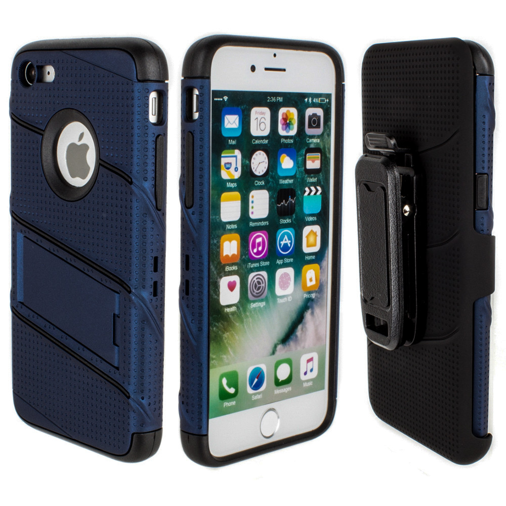 Apple iPhone 7/8 - RoBolt Heavy-Duty Rugged Case and Holster Combo, Navy Blue/Black