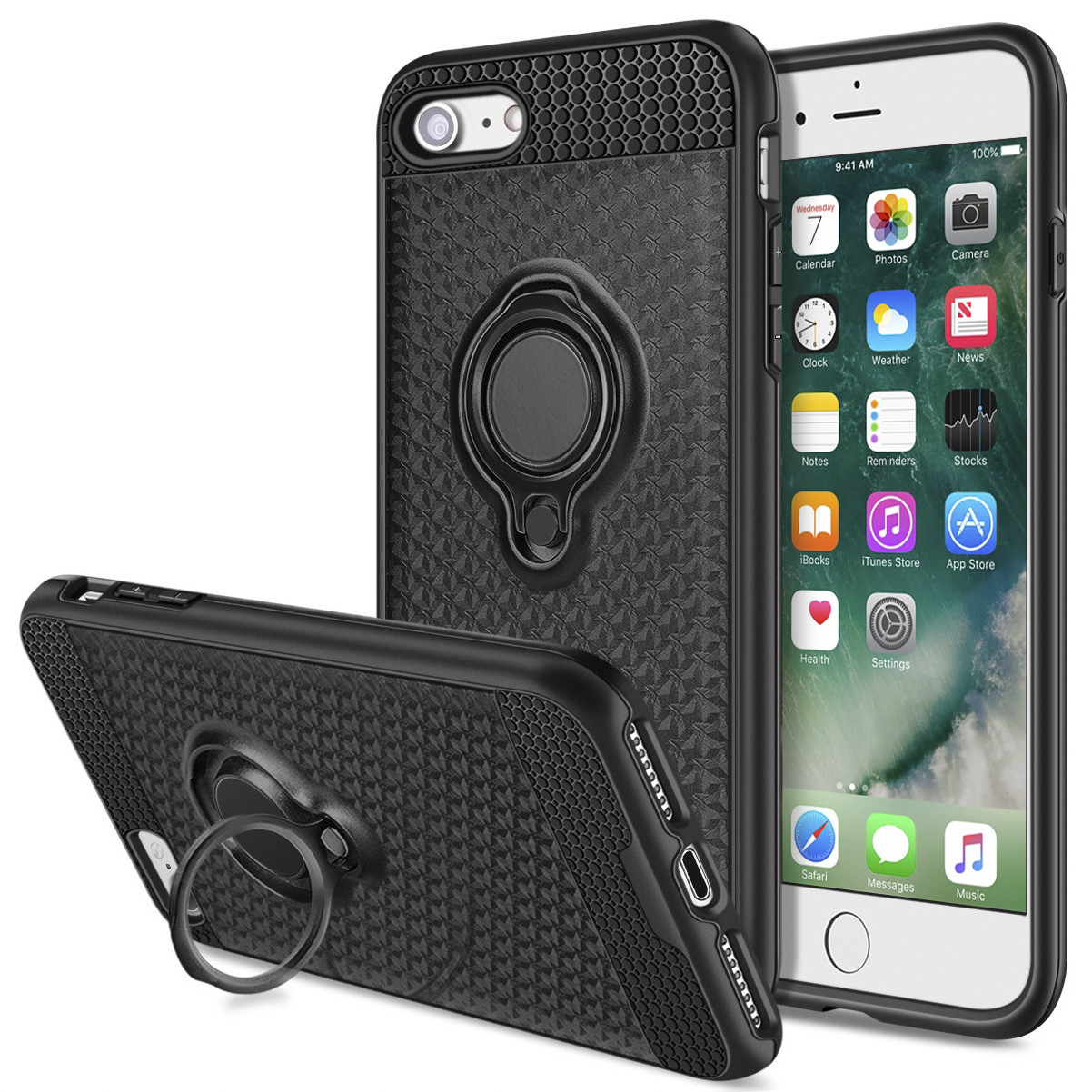 Apple iPhone 8 -  Heavy-Duty Rugged Case with Hideaway Ring Holder Stand, Black
