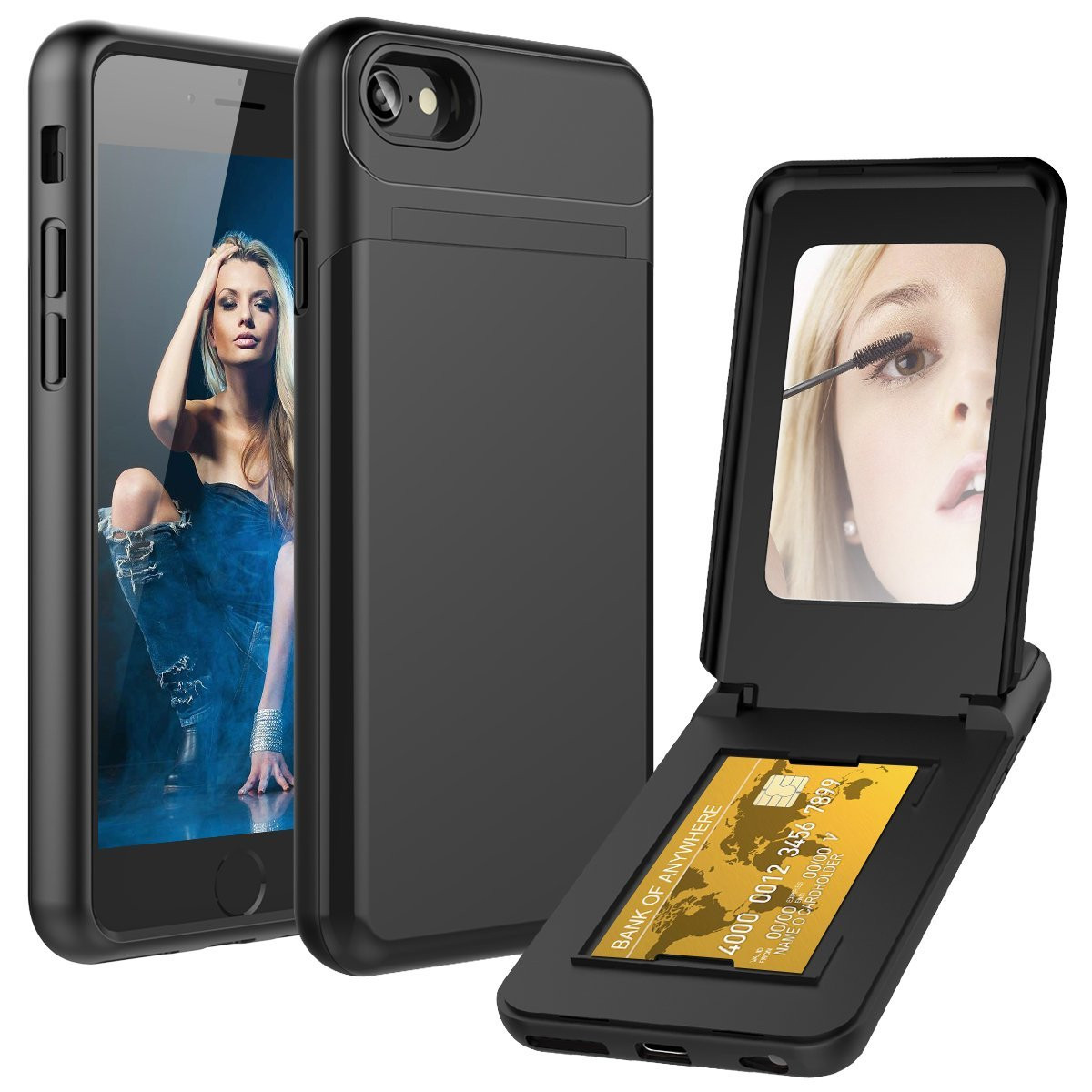Apple iPhone 8 -  Hard Phone Case with Hidden Mirror and Card Holder Compartment, Black