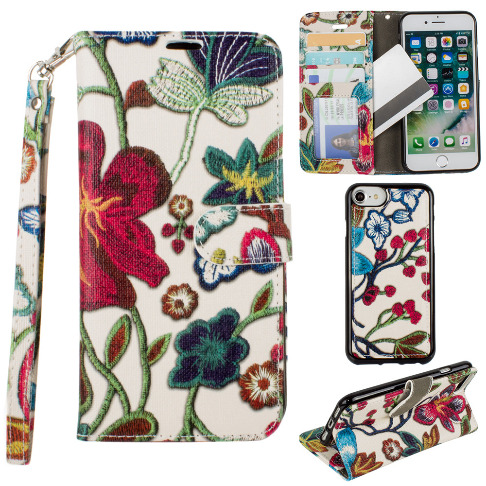 Apple iPhone 8 -  Faux Embroidery Printed Floral Wallet Case with detachable matching slim case and wristlet, Multi-Color