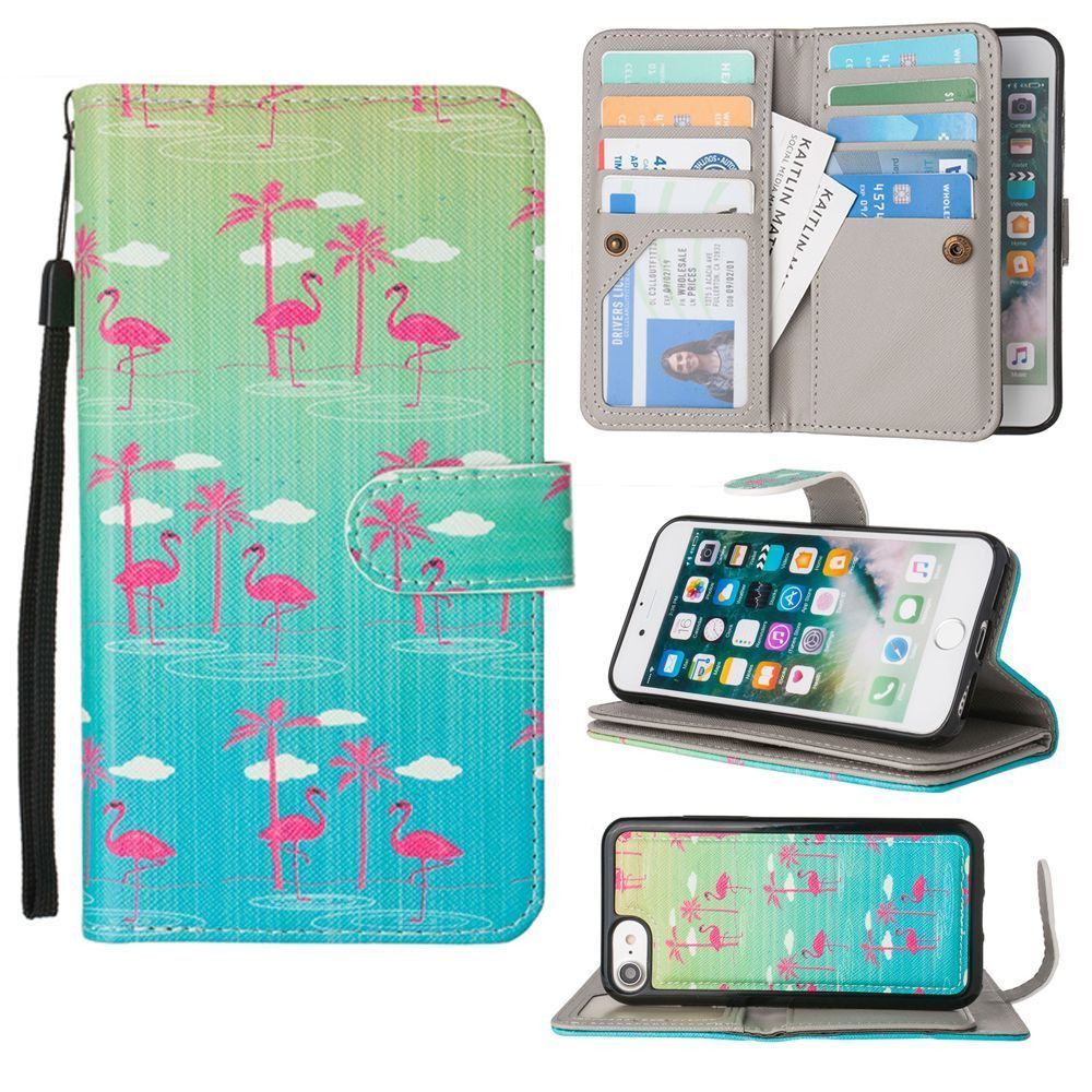 Apple iPhone 8 -  Flamingo Paradise Multi-Card Wallet with Matching Detachable Slim Case and Wristlet, Green/Pink