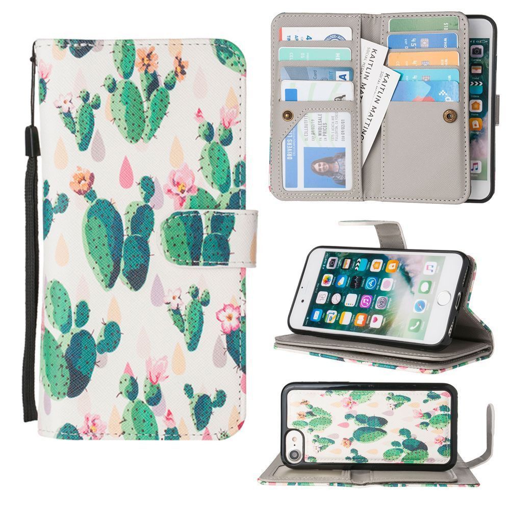 Apple iPhone 8 -  Blooming Cactus Multi-Card Wallet with Matching Detachable Slim Case and Wristlet, Green/White