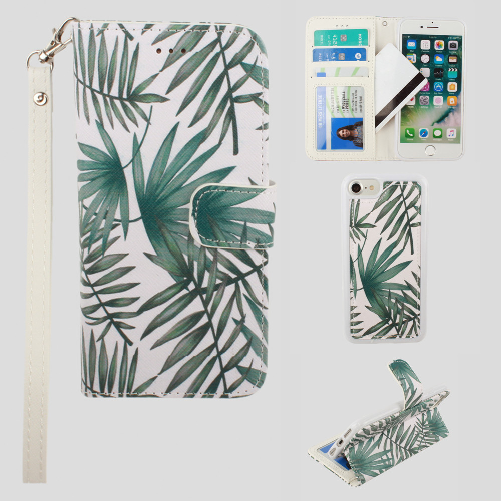 Apple iPhone 8 -  Palm Leaves Printed Wallet with Matching Detachable Slim Case and Wristlet, White/Green