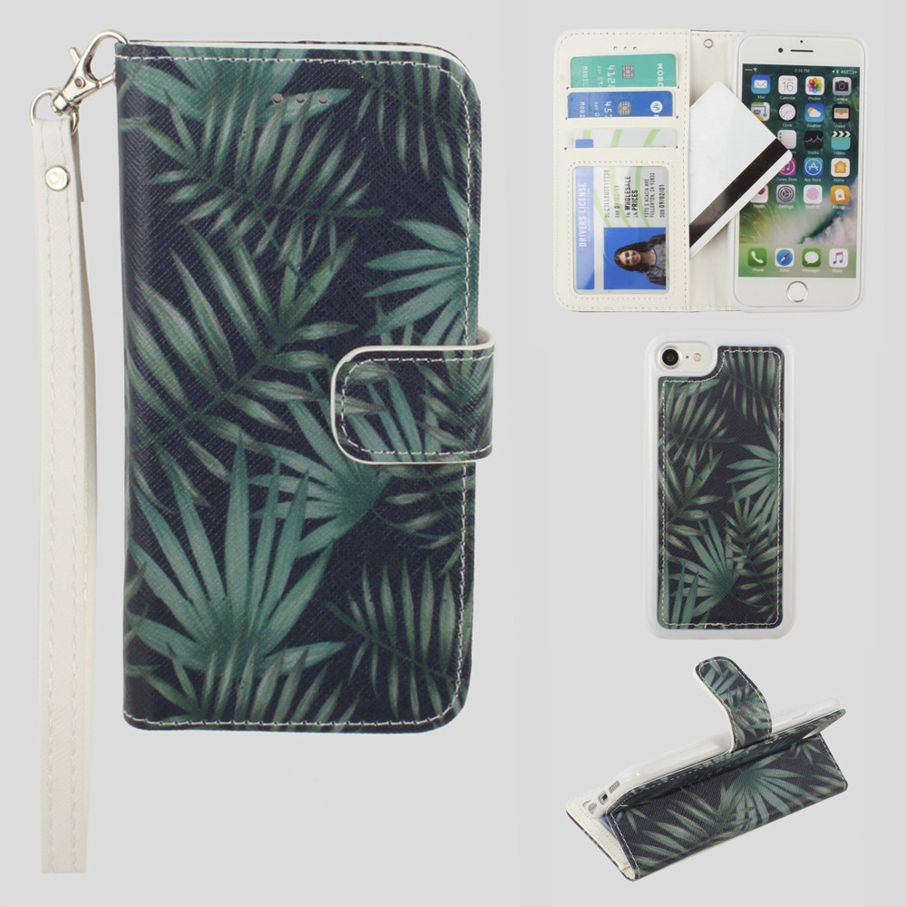 Apple iPhone 8 -  Palm Leaves Printed Wallet with Matching Detachable Slim Case and Wristlet, Navy Blue/Green