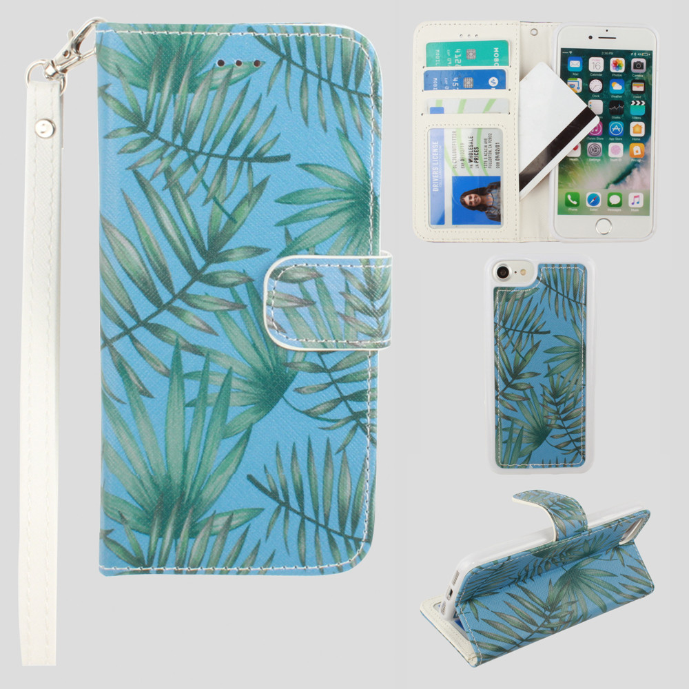 Apple iPhone 8 -  Palm Leaves Printed Wallet with Matching Detachable Slim Case and Wristlet, Light Blue/Green