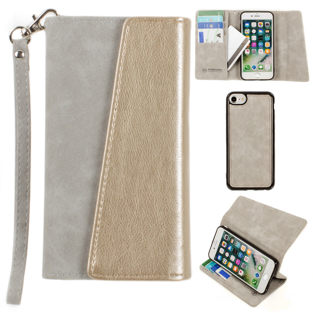 Apple iPhone 8 -  UltraSuede Metallic Color Block Flap Wallet with Matching detachable Case and strap, Gray/Gold
