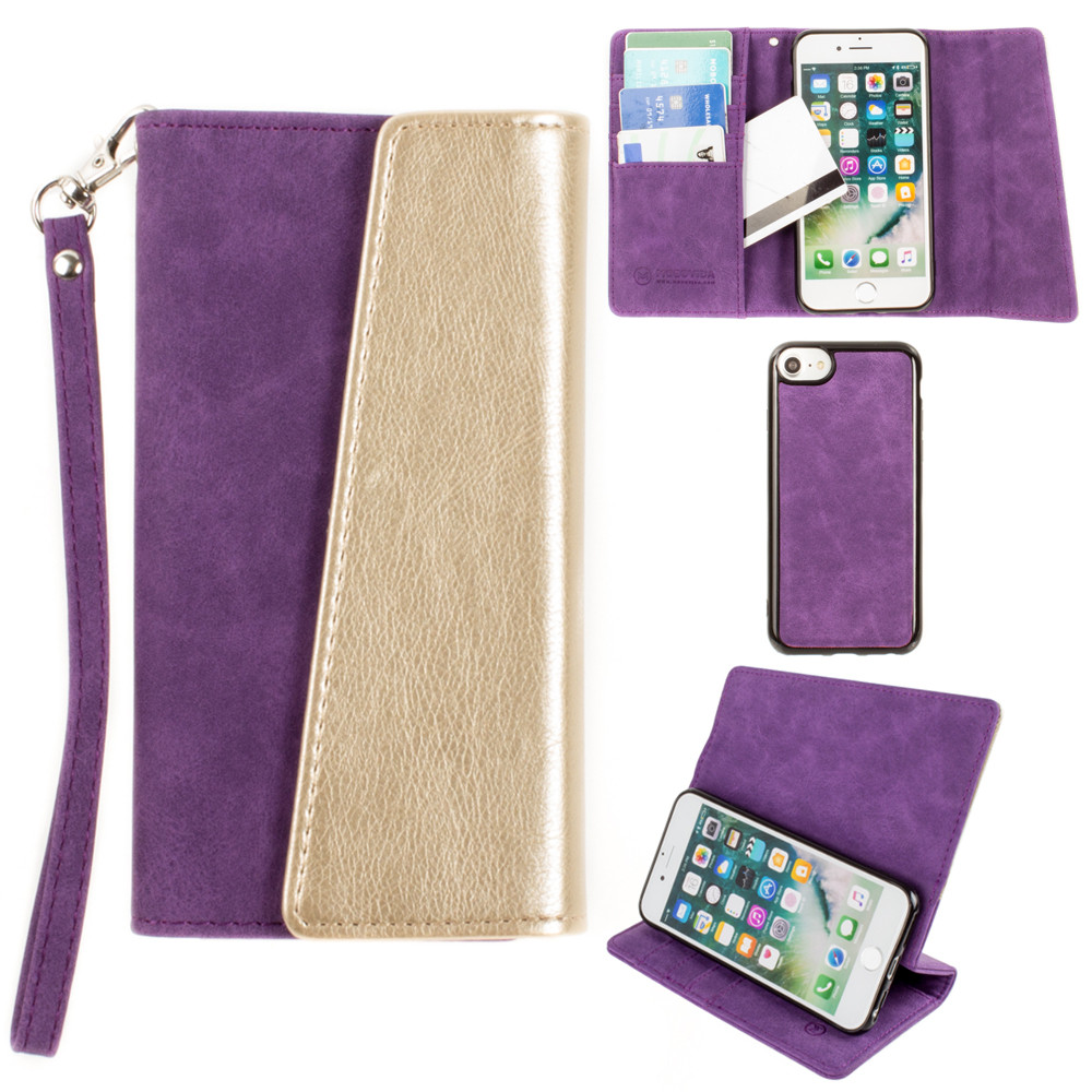Apple iPhone 8 -  UltraSuede Metallic Color Block Flap Wallet with Matching detachable Case and strap, Purple/Gold