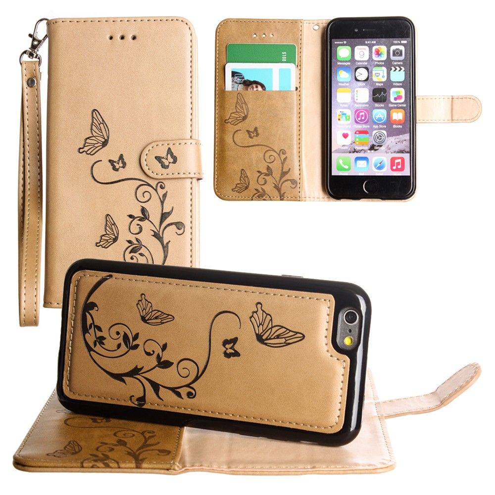 Apple iPhone 8 -  Embossed Butterfly Design Wallet Case with Detachable Matching Case and Wristlet, Taupe