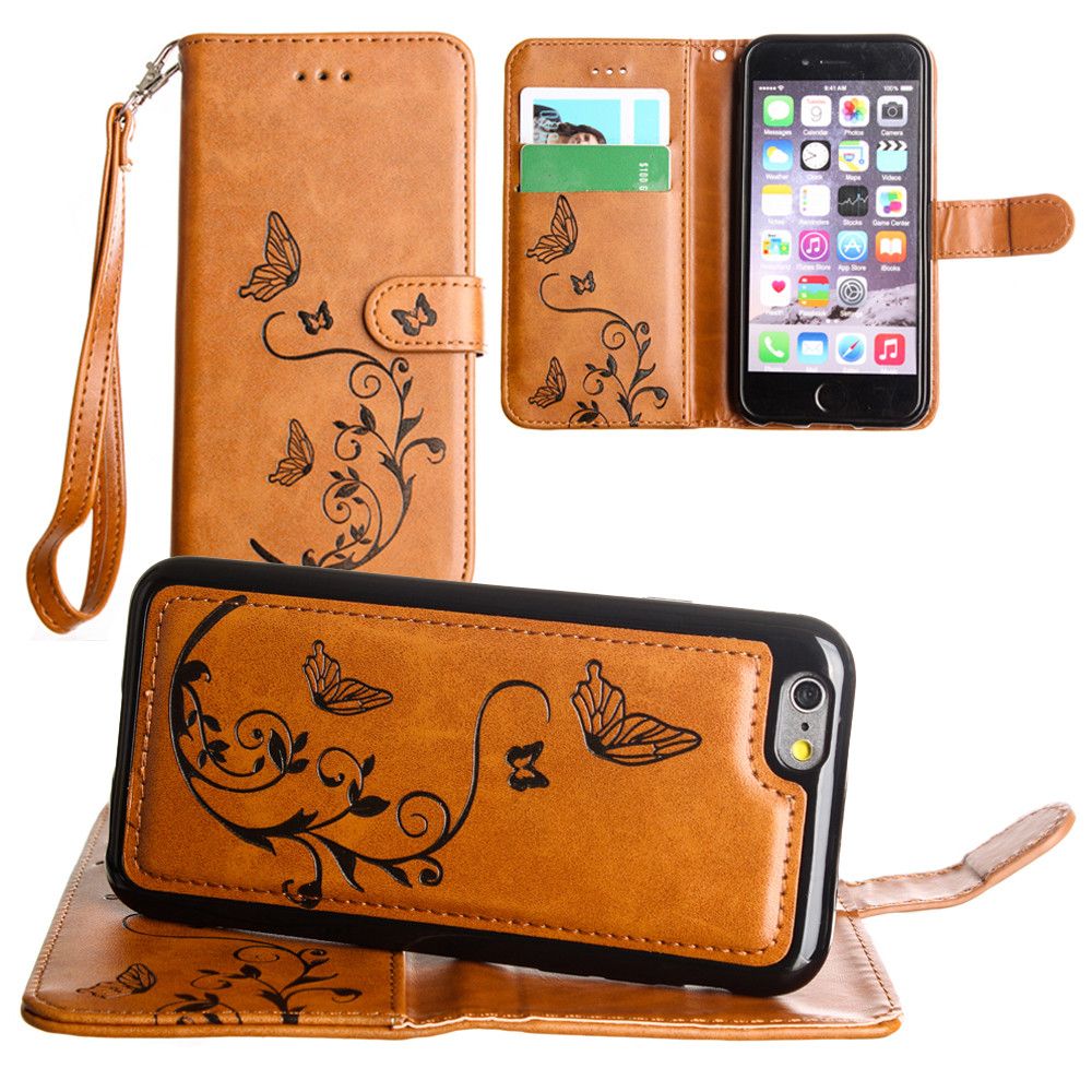 Apple iPhone 8 -  Embossed Butterfly Design Wallet Case with Detachable Matching Case and Wristlet, Brown