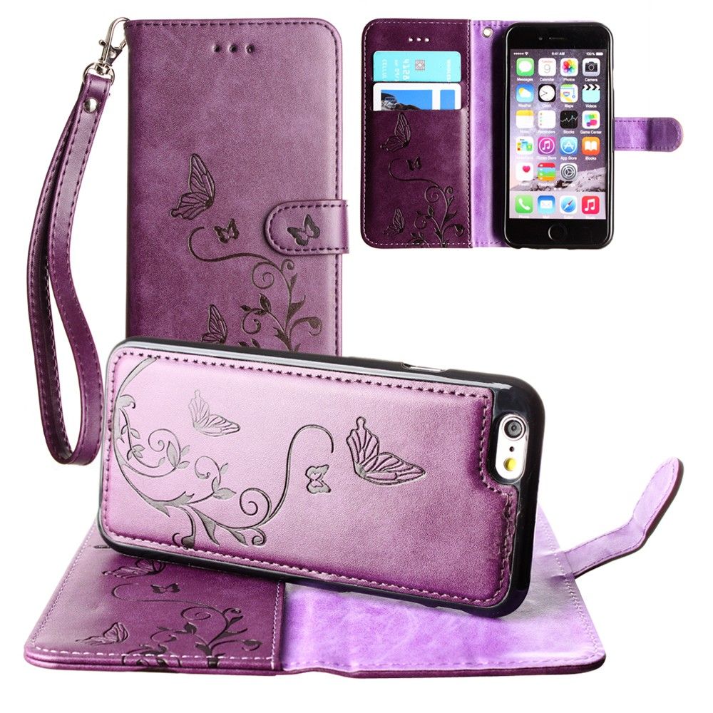 Apple iPhone 8 -  Embossed Butterfly Design Wallet Case with Detachable Matching Case and Wristlet, Purple