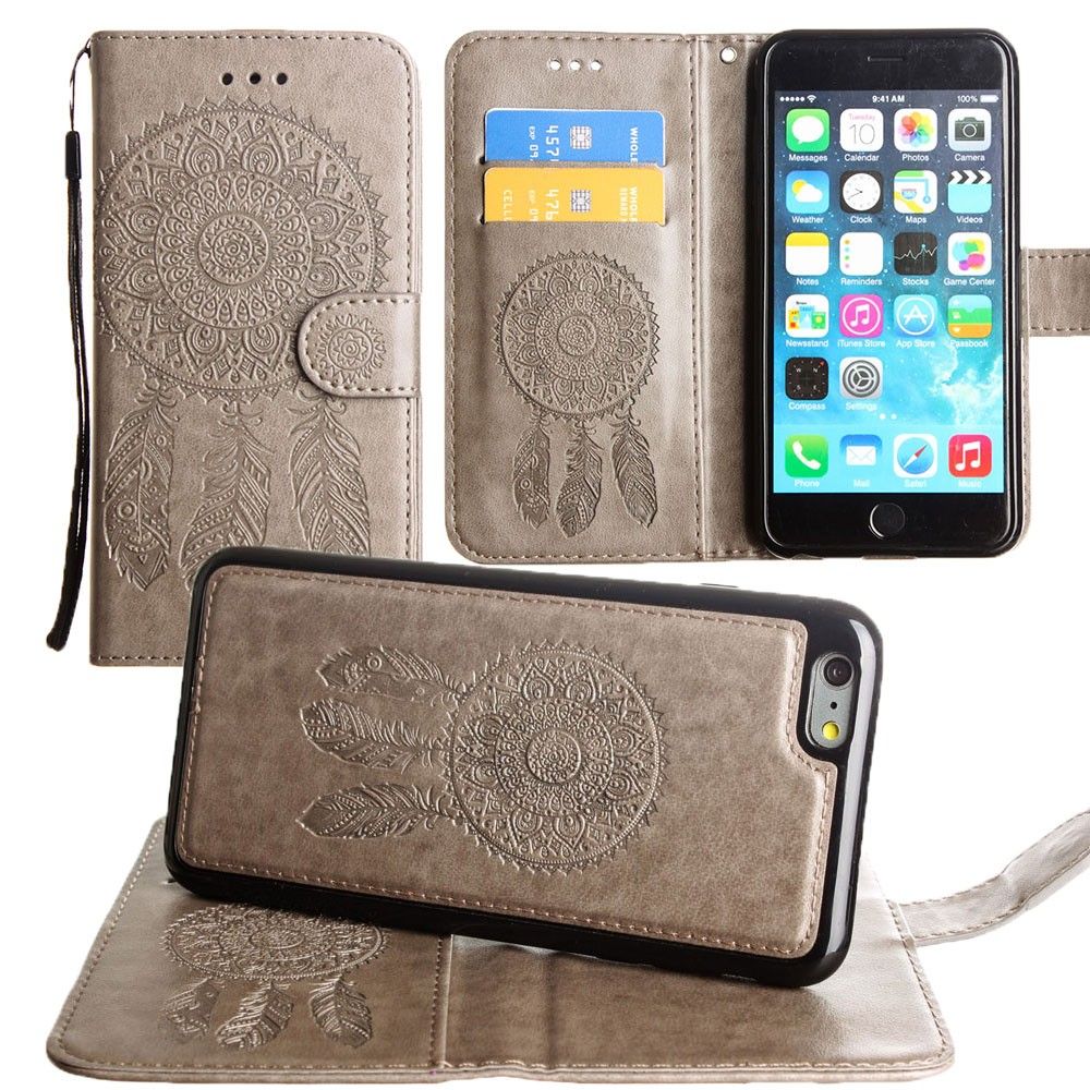 Apple iPhone 8 -  Embossed Dream Catcher Design Wallet Case with Detachable Matching Case and Wristlet, Gray