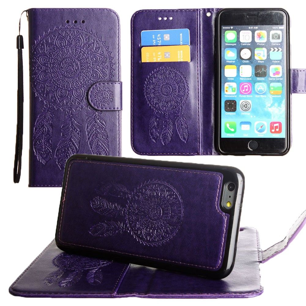 Apple iPhone 8 -  Embossed Dream Catcher Design Wallet Case with Detachable Matching Case and Wristlet, Purple
