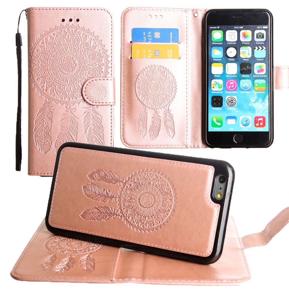 Apple iPhone 8 -  Embossed Dream Catcher Design Wallet Case with Detachable Matching Case and Wristlet, Rose Gold
