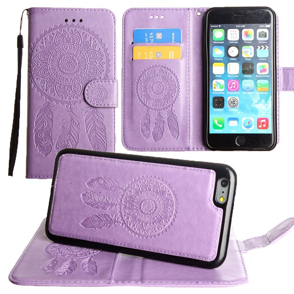 Apple iPhone 8 -  Embossed Dream Catcher Design Wallet Case with Detachable Matching Case and Wristlet, Lavender