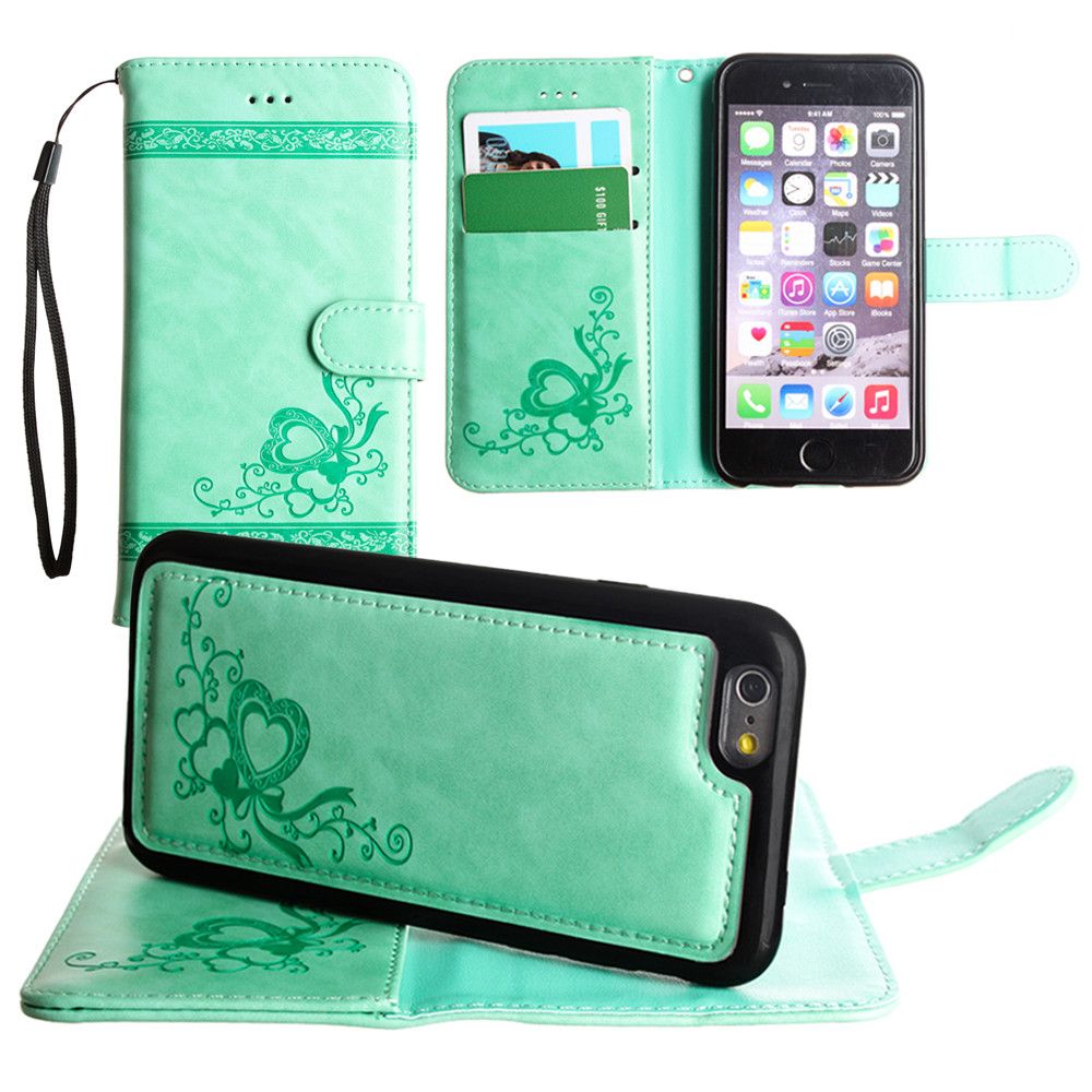 Apple iPhone 8 -  Embossed heart vine design wallet case with detachable matching case, Mint