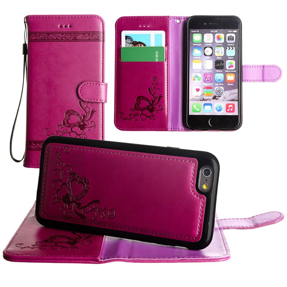 Apple iPhone 8 -  Embossed heart vine design wallet case with detachable matching case, Fuchsia