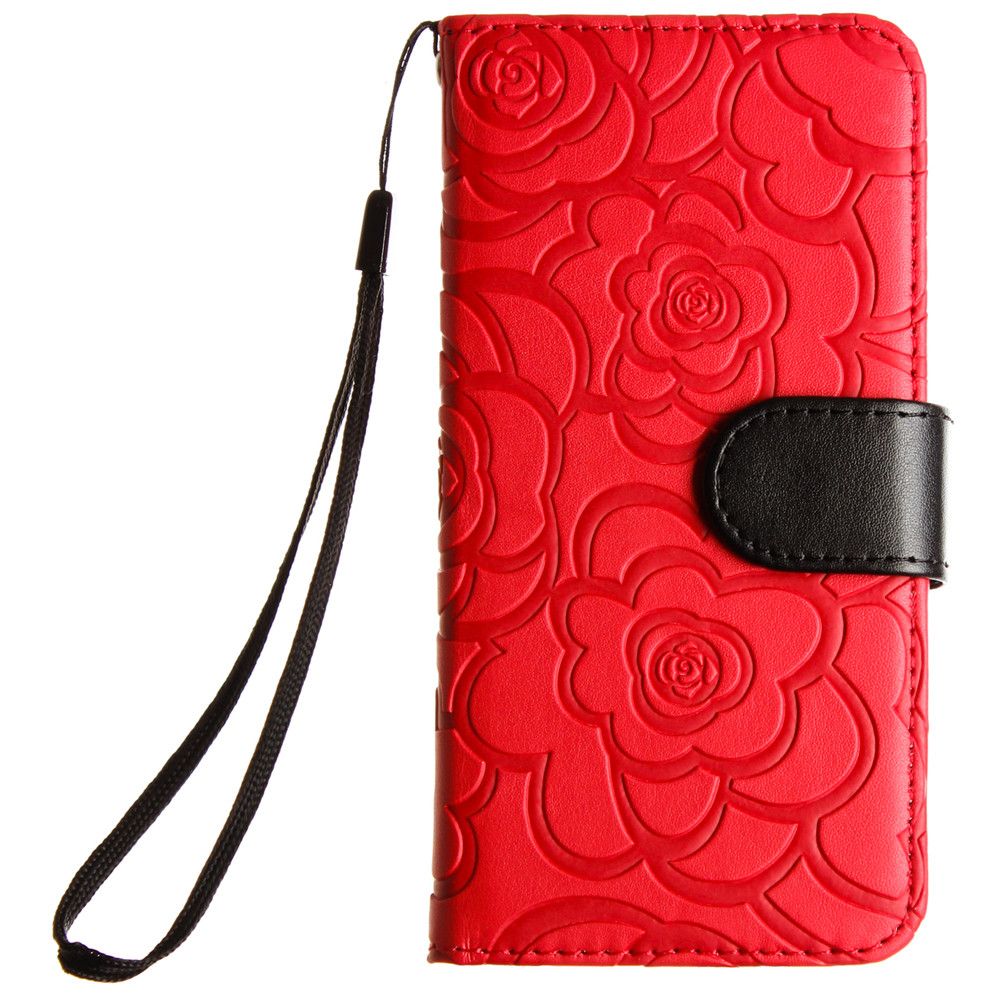 Apple iPhone 8 -  Embossed Flower Design Folding Wallet Case with Wristlet strap, Red/Black