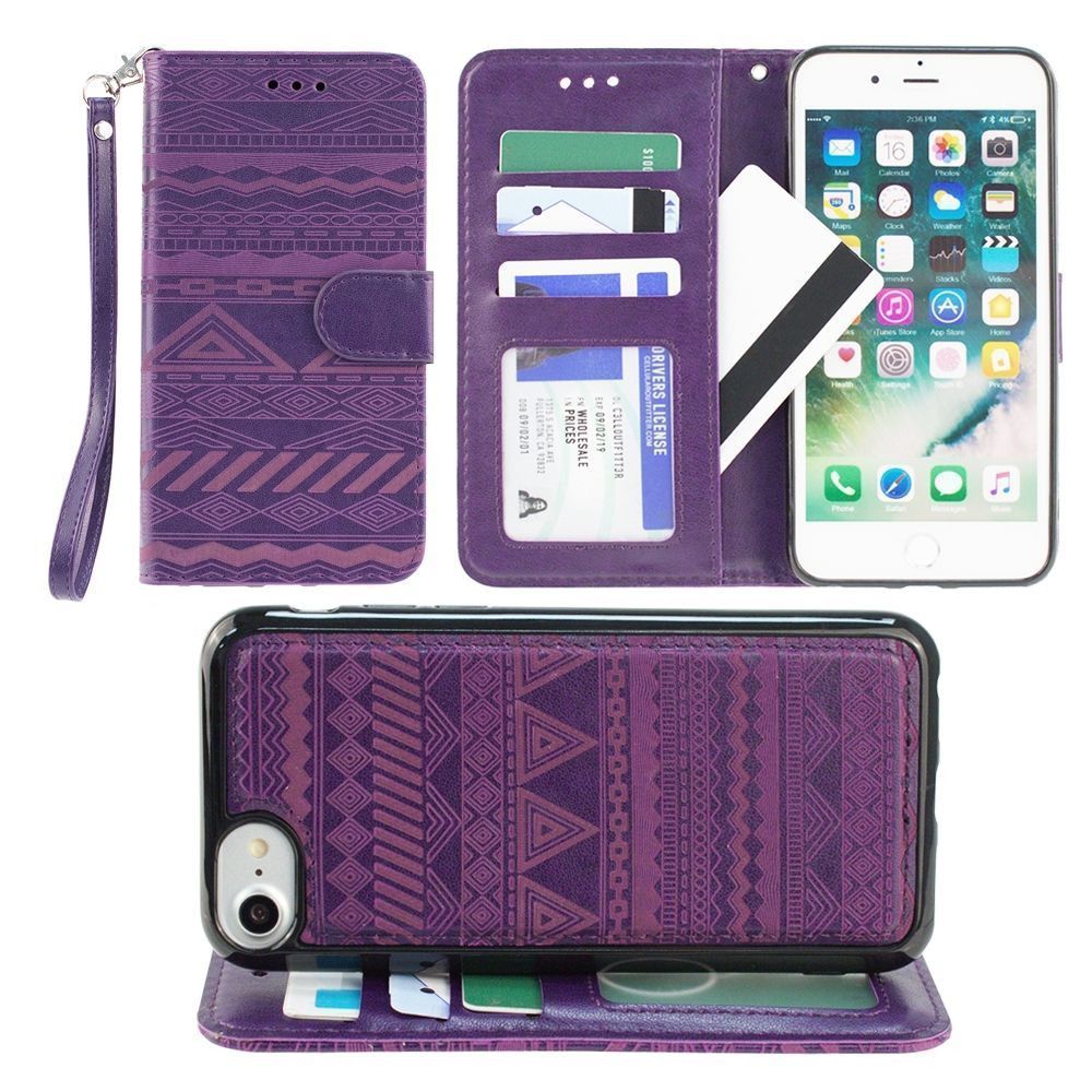 Apple iPhone 8 -  Aztec tribal laser-cut wallet with detachable matching slim case and wristlet, Purple