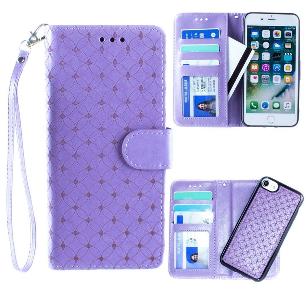 Apple iPhone 8 -  Diamond pattern laser-cut wallet with detachable matching slim case and wristlet, Lavender