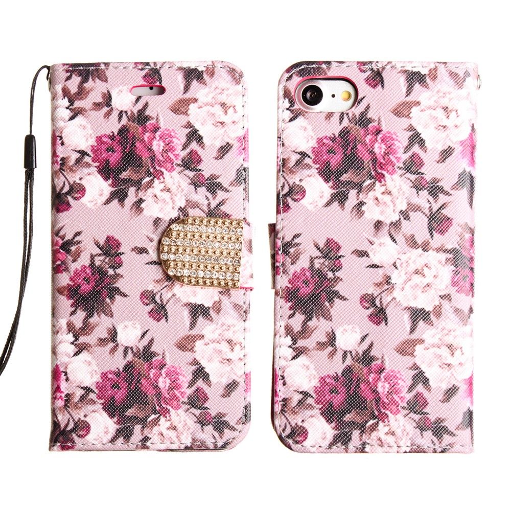 Apple iPhone 8 -  Romantic Rose Shimmering Folding Phone Wallet, Pink/White