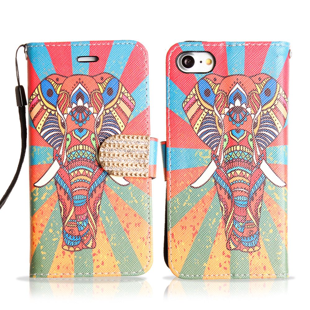 Apple iPhone 8 -  Colorful Exotic Elephant Shimmering Folding Phone Wallet, Multi-color
