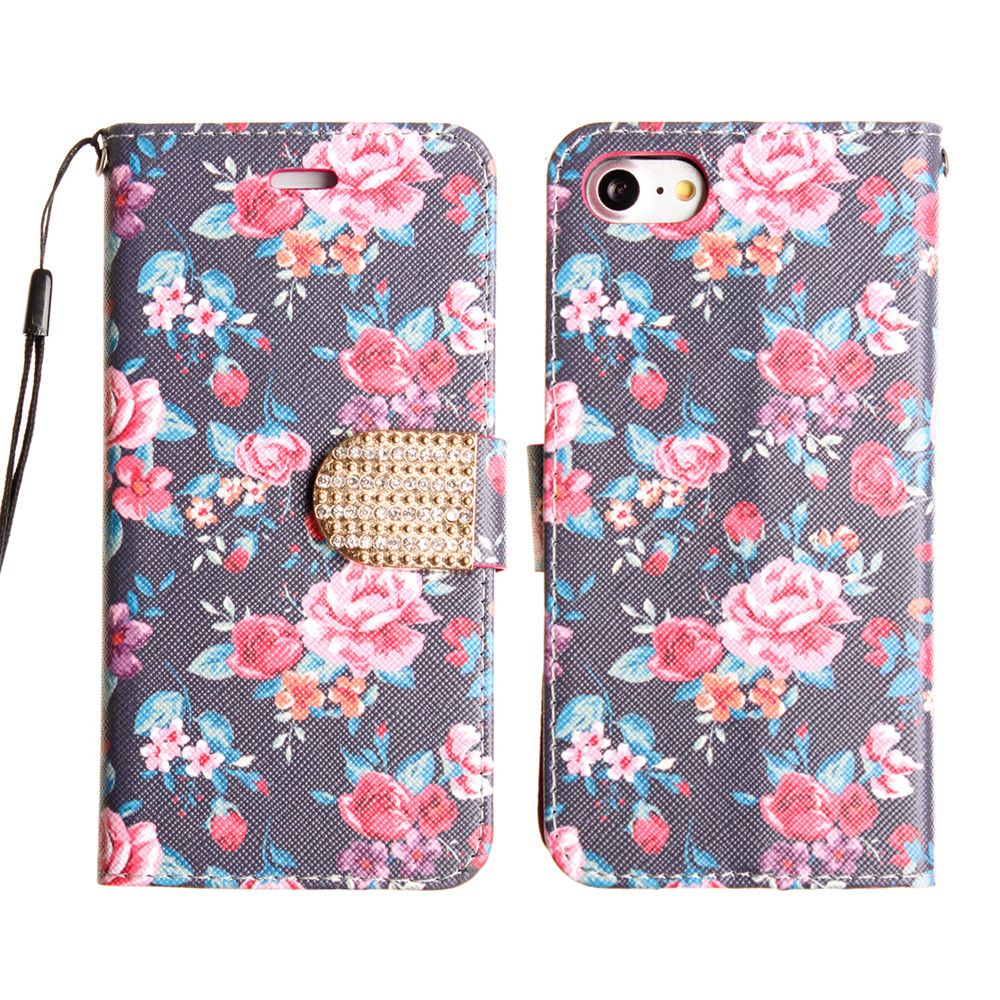 Apple iPhone 8 -  Romantic Rose Shimmering Folding Phone Wallet, Multi-color/Black