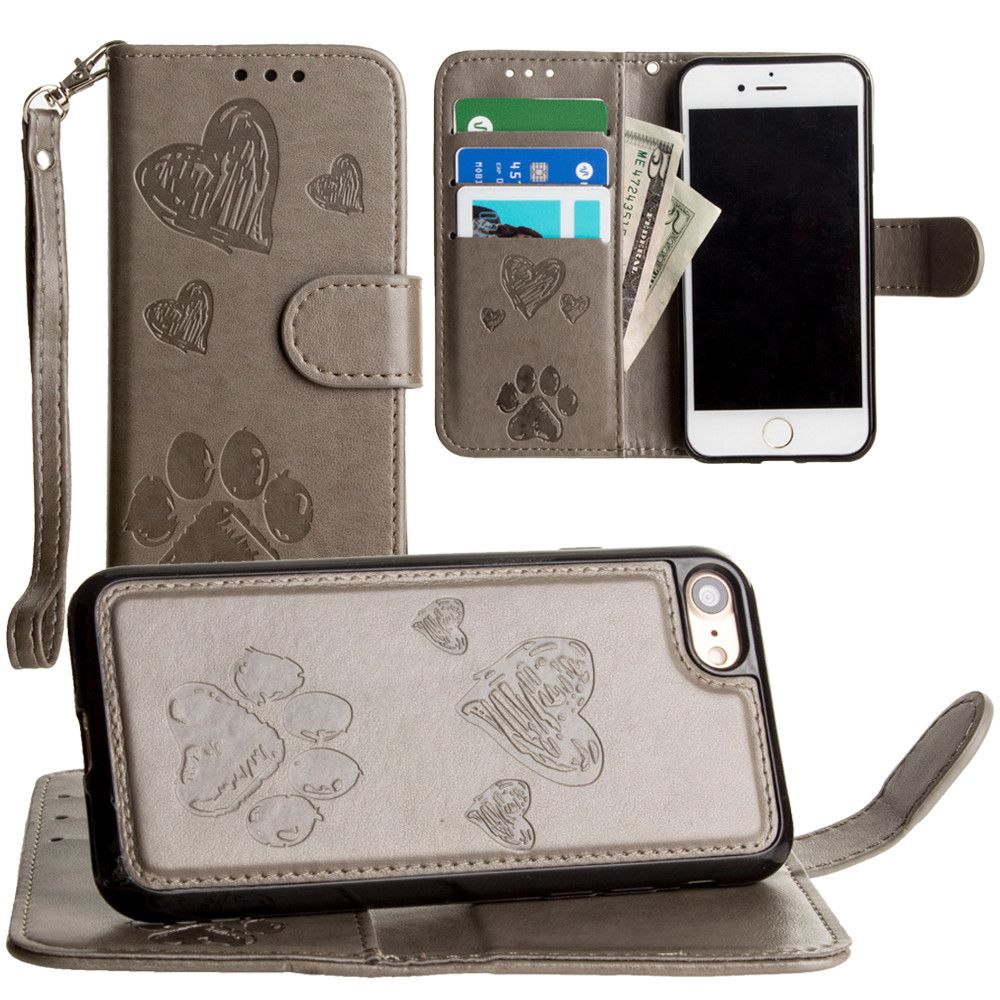 Apple iPhone 8 -  Puppy Love Wallet with Matching Detachable Magnetic Phone Case and Wristlet, Gray