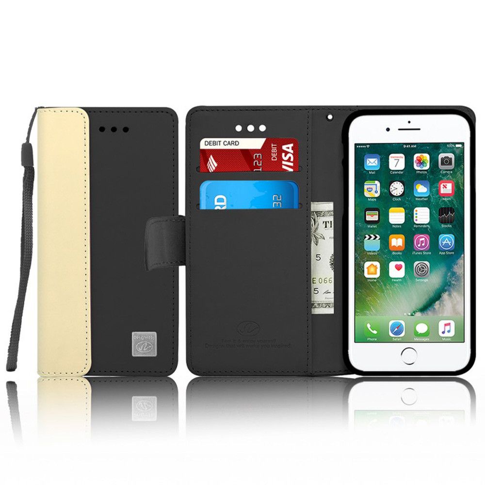 Apple iPhone 7 - Leather Folding Wallet Pouch Card Slot Case , Black/Cream