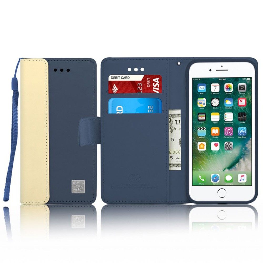 Apple iPhone 7 - Leather Folding Wallet Pouch Card Slot Case , Blue/Cream