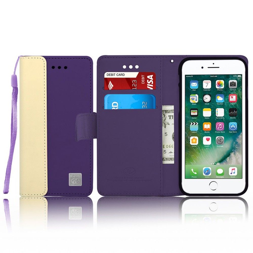 Apple iPhone 7 - Leather Folding Wallet Pouch Card Slot Case , Purple/Cream