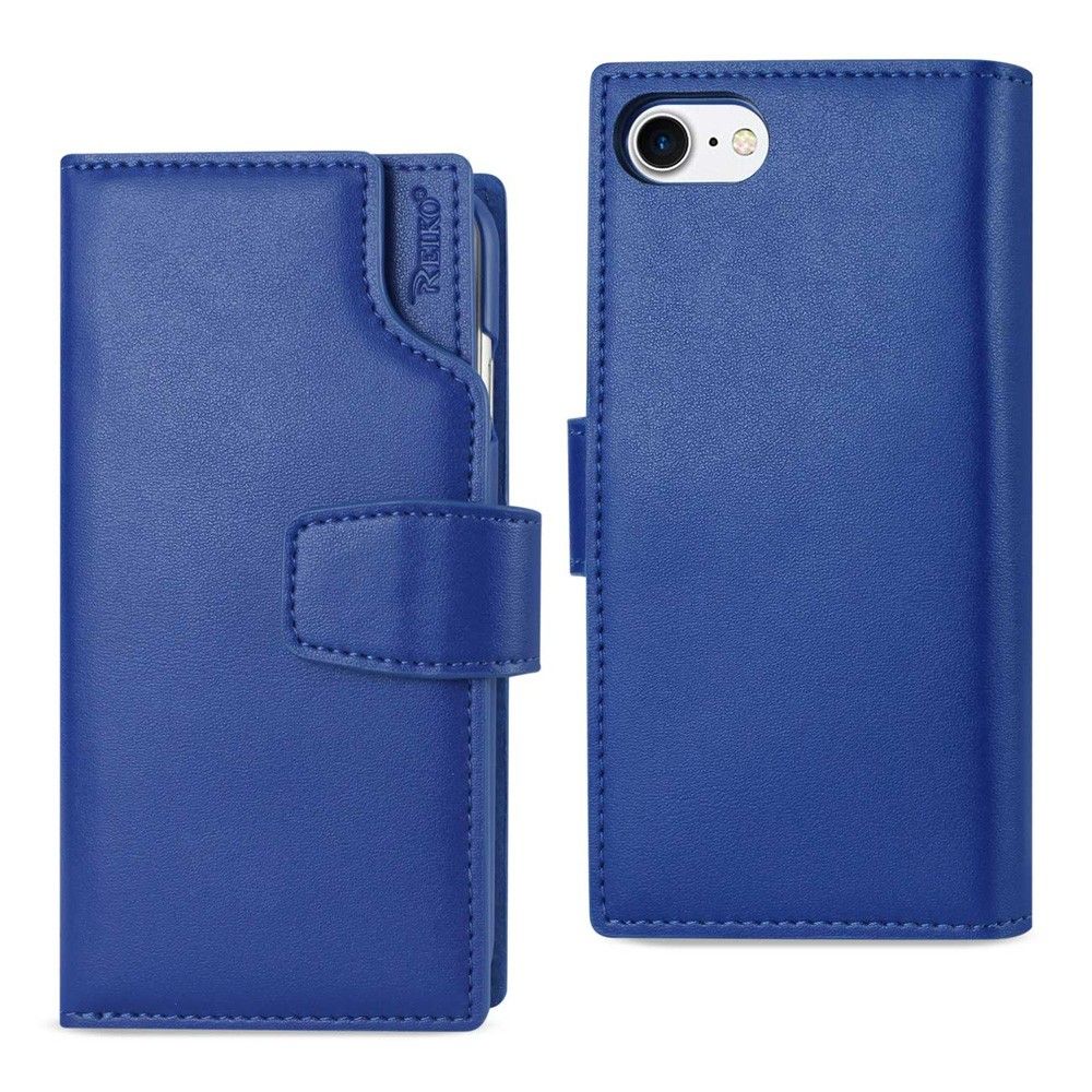 Apple iPhone 7 - Premium Genuine Leather Wallet Case with RFID and Open Thumb Cut, Blue