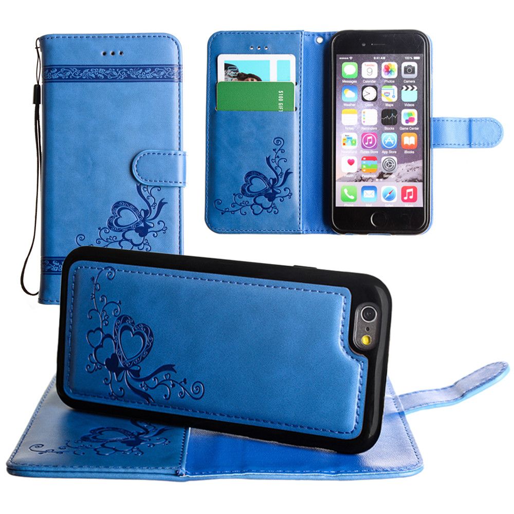 Apple iPhone 7 -  Embossed heart vine design wallet case with detachable matching case, Blue