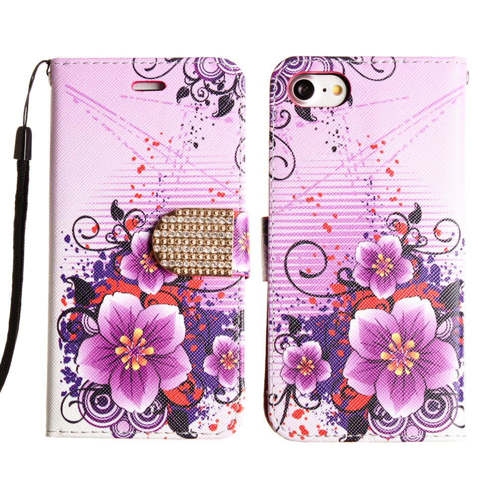 Apple iPhone 7 -  Hibiscus Flower Shimmering Folding Phone Wallet, Purple