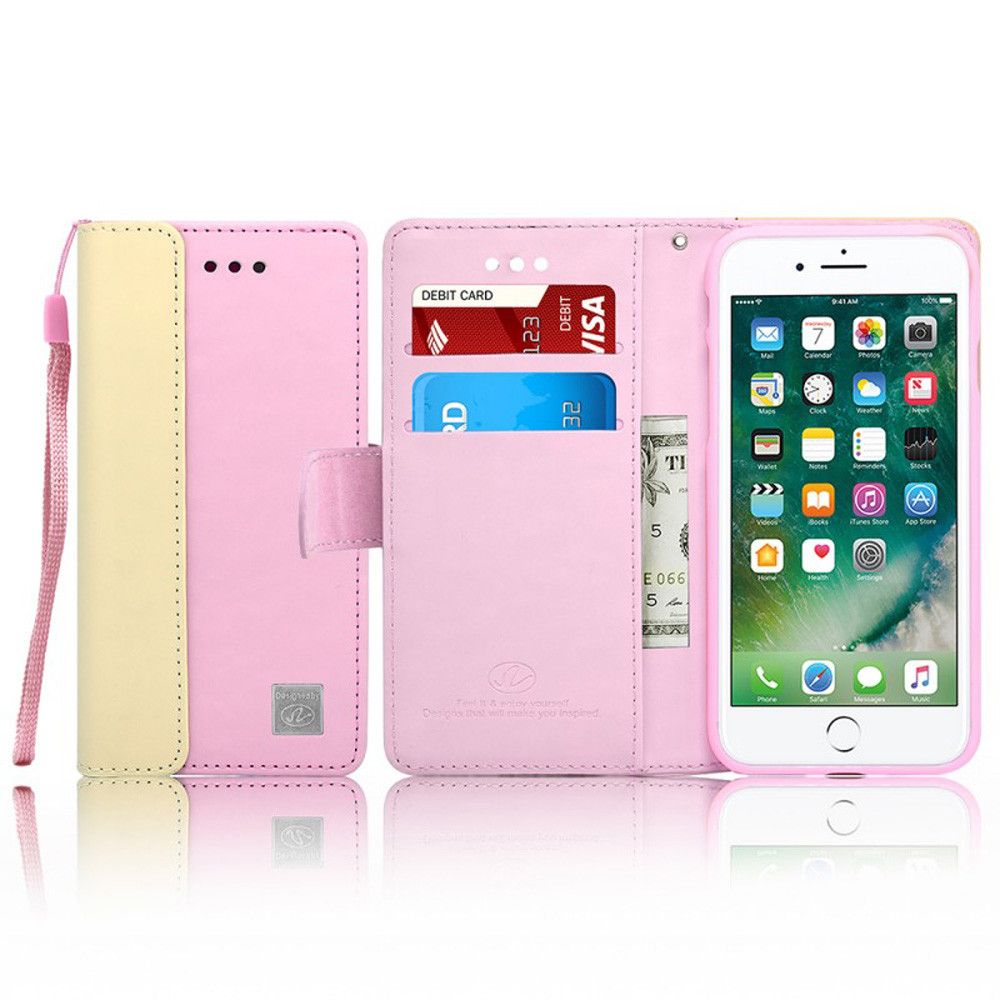 Apple iPhone 7 - Leather Folding Wallet Pouch Card Slot Case , Pink/Cream