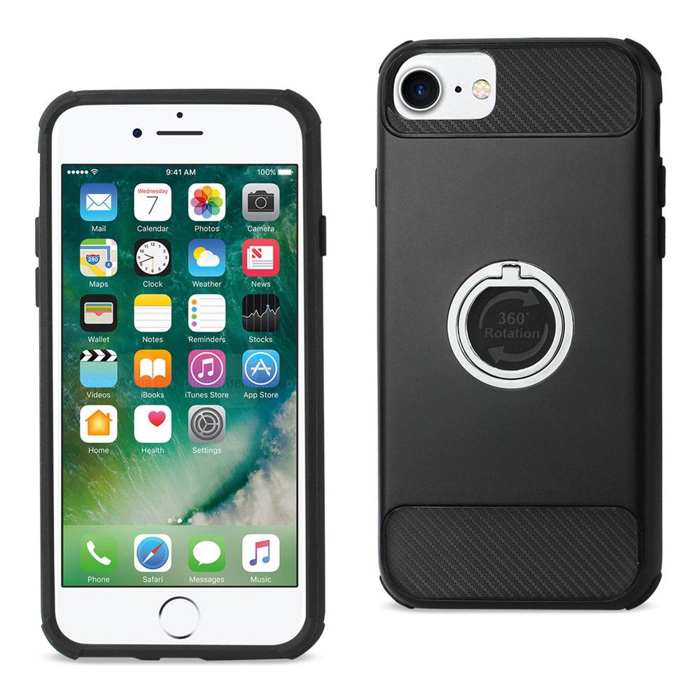 Apple iPhone 7 - Hybrid Rugged Case with 360 Degree Rotating Ring Stand, Black