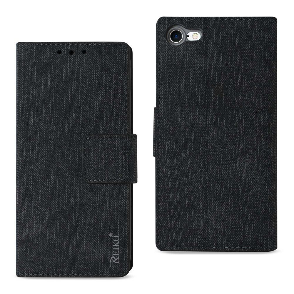 Apple iPhone 7 - Denim Leather Folding Wallet Case, Black