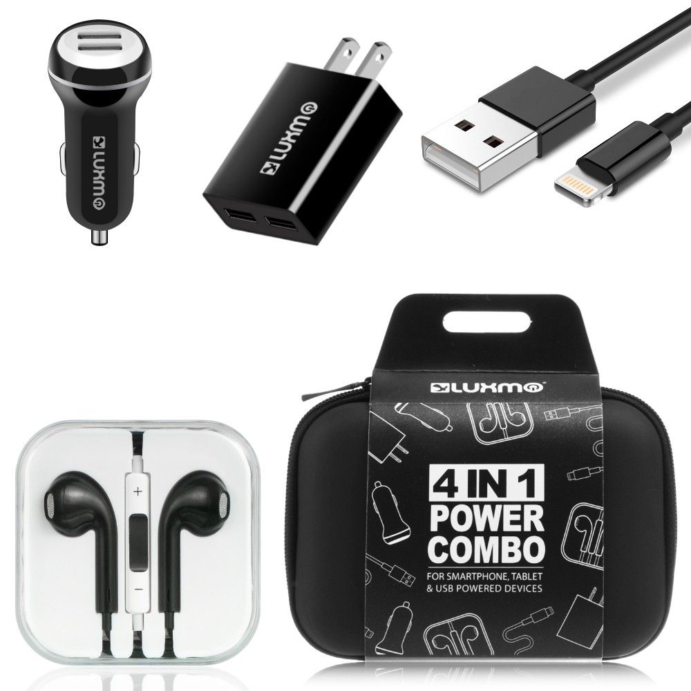 Apple iPhone 7 -  Luxmo Charging Bundle - Includes Car & Home Charger Adapters, Lightning Cable & Headphones, Black