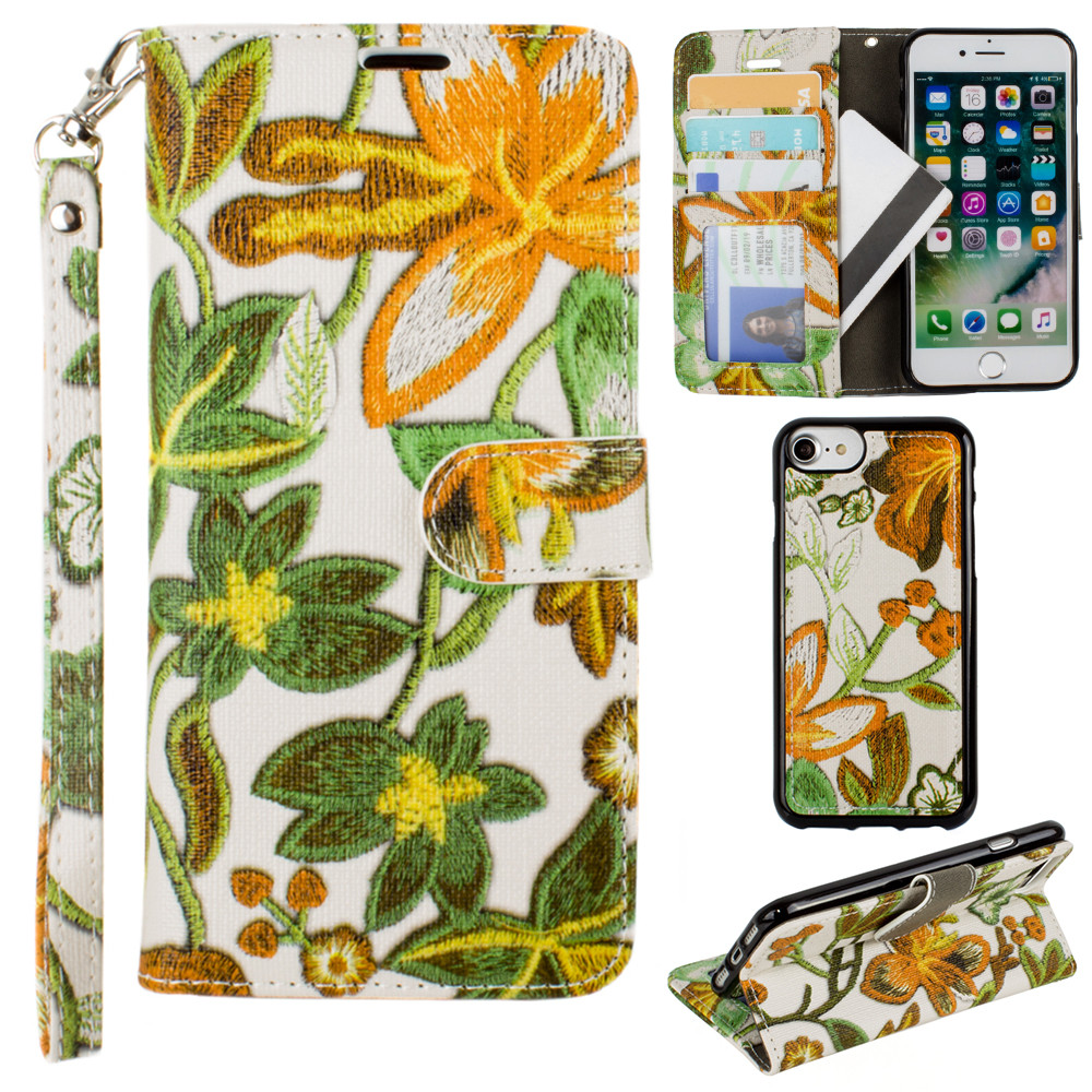 Apple iPhone 8 -  Faux Embroidery Printed Floral Wallet Case with detachable matching slim case and wristlet, Orange/Green