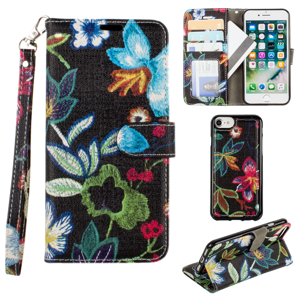 Apple iPhone 8 -  Faux Embroidery Printed Floral Wallet Case with detachable matching slim case and wristlet, Multi-Color/Black
