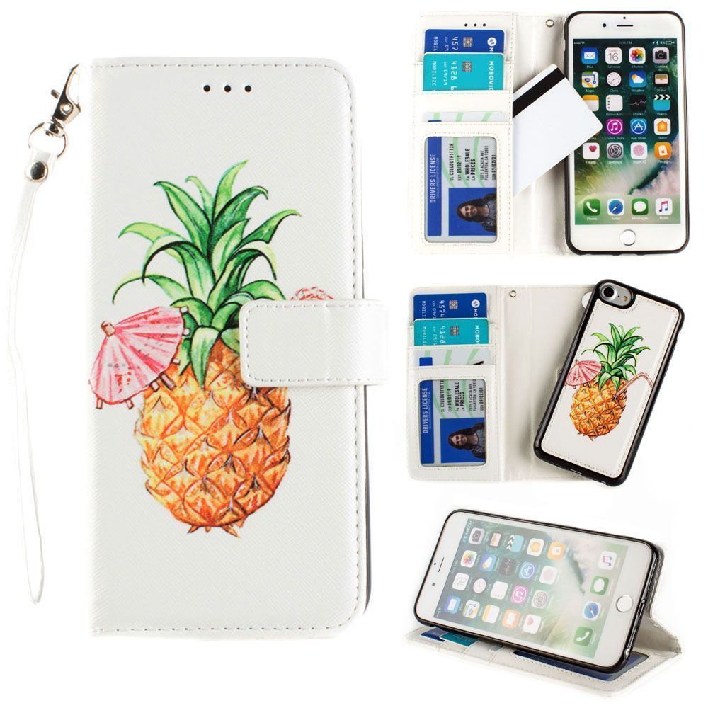 Apple iPhone 8 -  Printed Pineapple Wallet with Matching Detachable Slim Case and Wristlet, White/Yellow