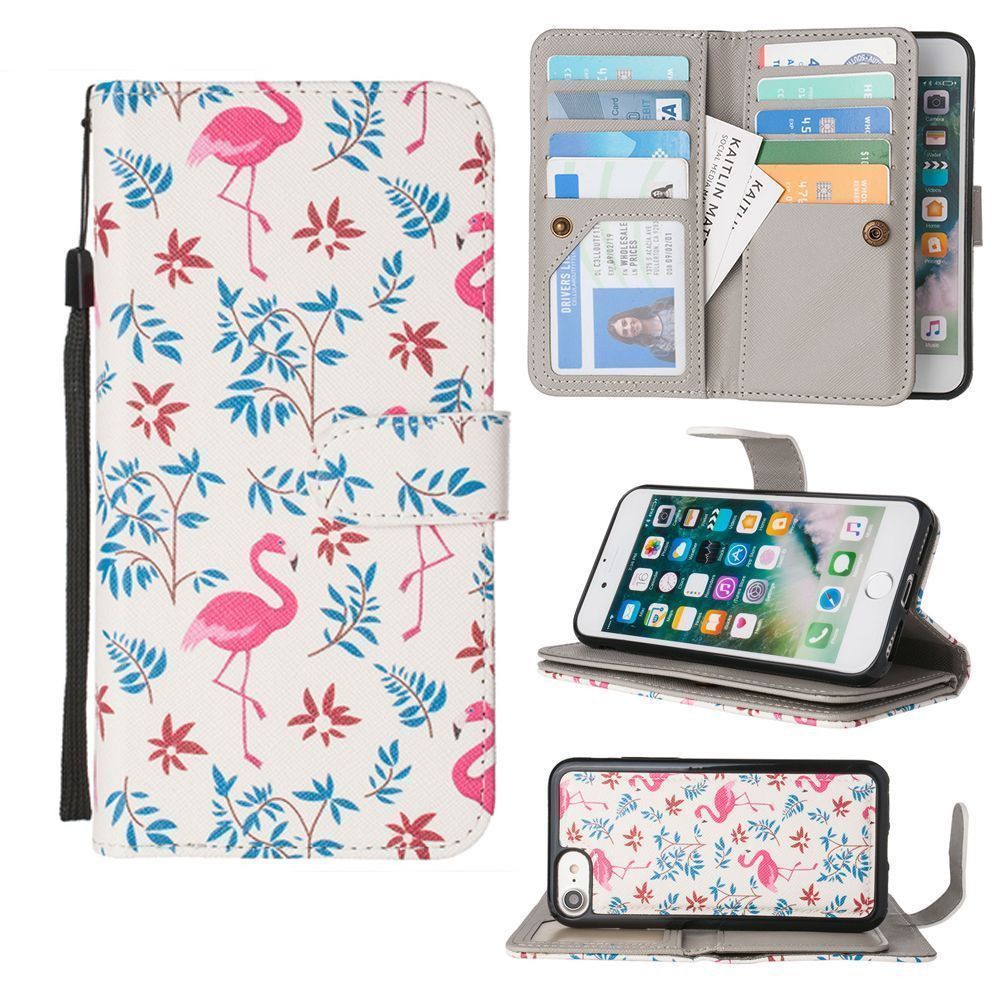 Apple iPhone 8 -  Printed Flamingo Multi-Card Wallet with Matching Detachable Slim Case and Wristlet, Pink/White