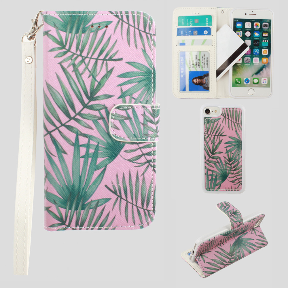 Apple iPhone 8 -  Palm Leaves Printed Wallet with Matching Detachable Slim Case and Wristlet, Pink/Green