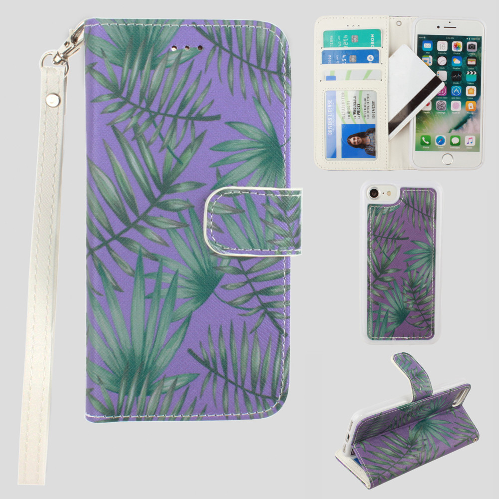 Apple iPhone 8 -  Palm Leaves Printed Wallet with Matching Detachable Slim Case and Wristlet, Purple/Green